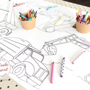 Personalized Construction Truck Coloring Table Runner Heavy Equipment First Birthday Decor Children&#39;s Party Games Quiet Craft Activities