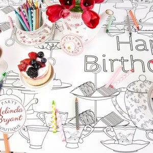 Tea Party Themed Birthday Decor Coloring Page Table Runner / - Etsy