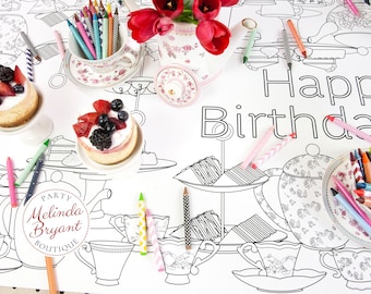 Personalisierte Teeparty Geburtstagsdekor Malseite Tischläufer / Erster Geburtstag Dekorationen / Kinder Tisch Aktivitäten Kinder Party Spiele