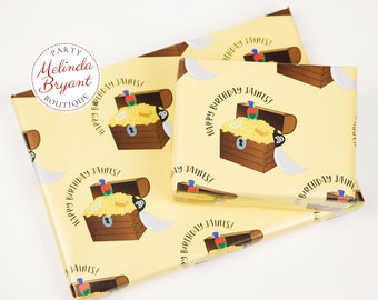 Personalized Pirates Treasure Gift Wrap with Custom Text and Childs Name / aquarium birthday party pirate ship themed wrapping paper