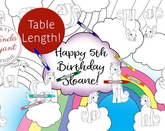 Unicorns and Rainbows Birthday Party Decor Coloring Tablecloth Personalized Custom Recyclable Table Runner Family Group Craft Activity Game