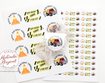 Personalized Construction Truck Birthday .75" Stickers Boys Party Decor Kids Printed Custom Labels Wrapper Decorations Toddler Candy Favors