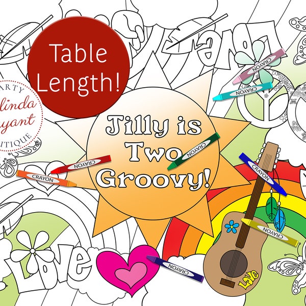Groovy Hippie Themed Birthday Decor Coloring Page Table Runner / First Birthday Personalized Gift Kids Table Activities Childrens Party Game