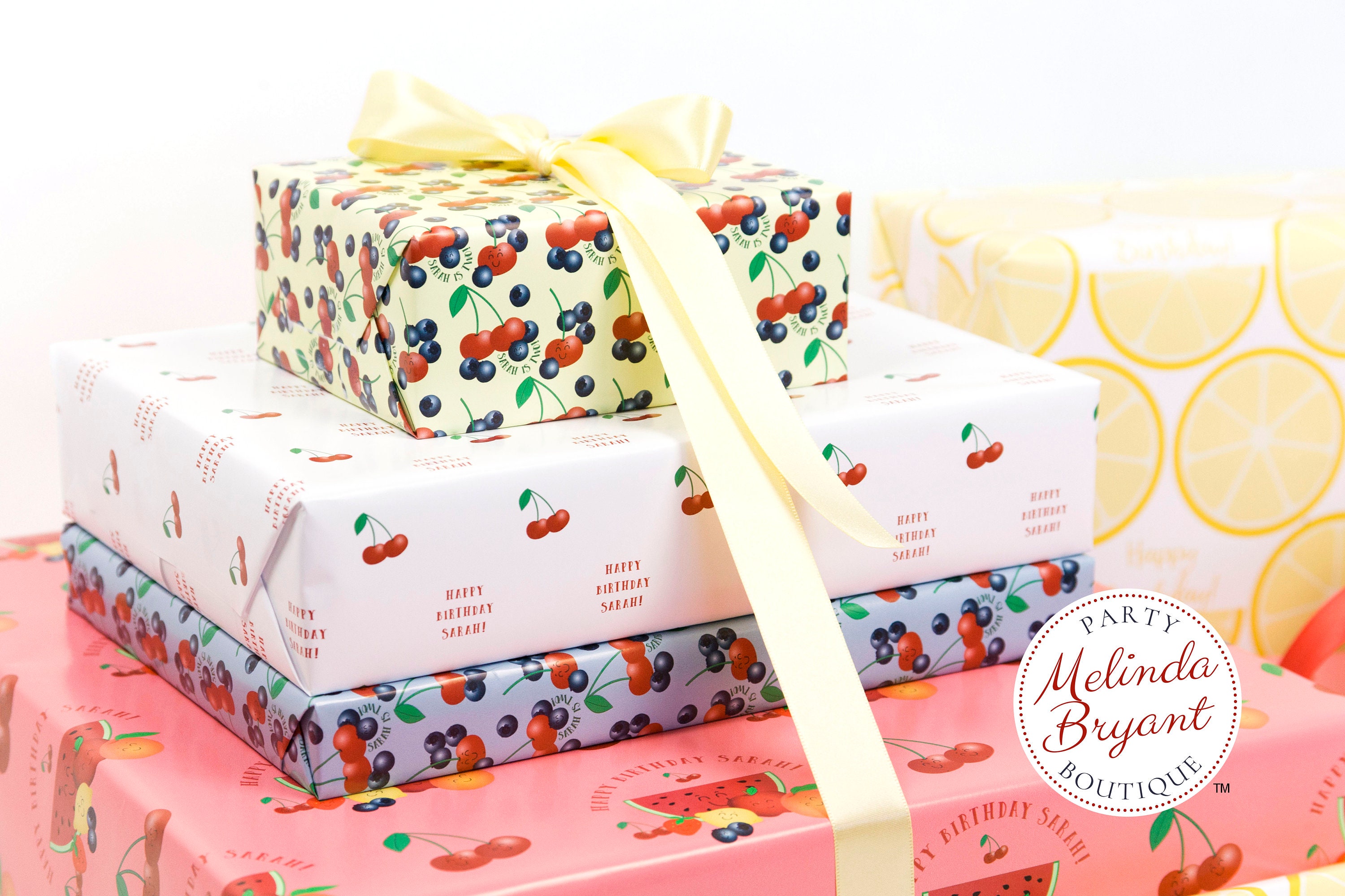 Personalized Fruit Themed Gift Wrap Set for Farmers Market Birthday Party or Summer Baby Shower or Mothers Day / Smiling Berries