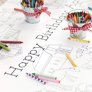 Página para colorear de camino de mesa para fiesta de cumpleaños con temática de granja, regalo personalizado, decoraciones para niños con temática de granero, juegos para el primer cumpleaños, animales del rancho
