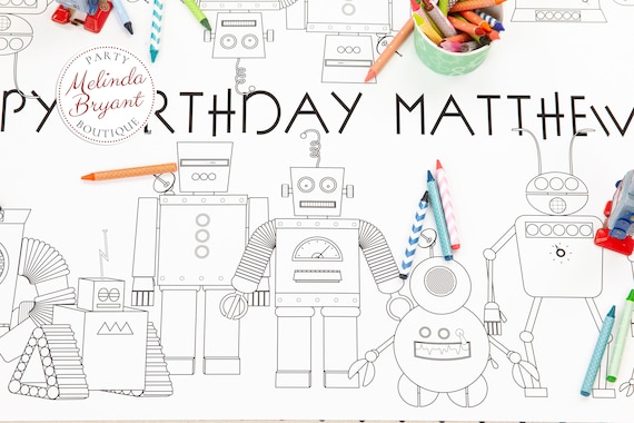 Robot Coloring Table Runner: Personalized Birthday Party Activity Paper