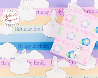 Personalized Unicorns with Flowers and Rainbows Gift Wrap Set perfect for first birthday or baby shower and includes custom text