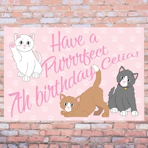 Póster personalizado de gatito para fiesta de cumpleaños con temática de gatitos, 2 x 3 pulgadas, impreso. Elija papel o polipropileno resistente a la intemperie.