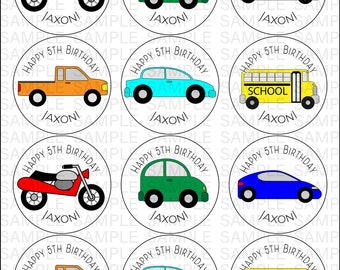 Cars and Trucks Party 2.5 inch Stickers Favor Kits Birthday Accessories Cupcake toppers Labels Transportation Theme Treat Bag Decor