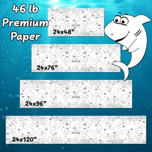 This image shows the standard sizes for 46 lb premium paper coloring table runners. They are 24x48", 24x76", 24x96", and 24x120".