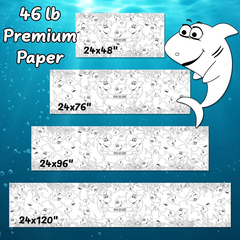 This image shows the standard sizes for 46 lb premium paper coloring table runners. They are 24x48", 24x76", 24x96", and 24x120".