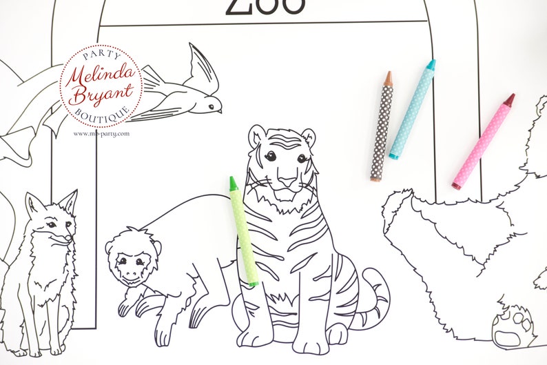 May include: A black and white coloring page with a zoo theme, featuring outlines of a tiger, monkey, fox, and other animals. Three polka-dot crayons in brown, blue, and pink are placed on the page. The text "ZOO" is visible.