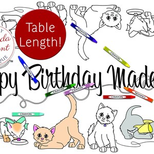 A black and white coloring page featuring a birthday banner with the text "Happy Birthday Madeline!" and a red circle with the text "Table Length!" surrounded by a variety of cats and mice. The page is designed for coloring with crayons.