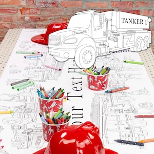 Personalized Fireman Birthday Decorations Coloring Table Runner / Firetruck Disposable Table Cloth / Gift for Toddler Preschool Elementary