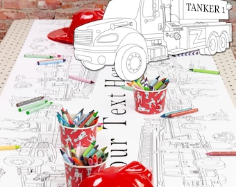 Personalized Fireman Birthday Decorations Coloring Table Runner / Firetruck Disposable Table Cloth / Gift for Toddler Preschool Elementary