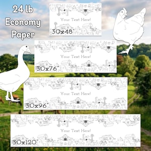 This image shows the 4 standard sizes for 24 lb economy paper coloring table runners. They are 30x48", 30x76", 30x96", and 30x120".