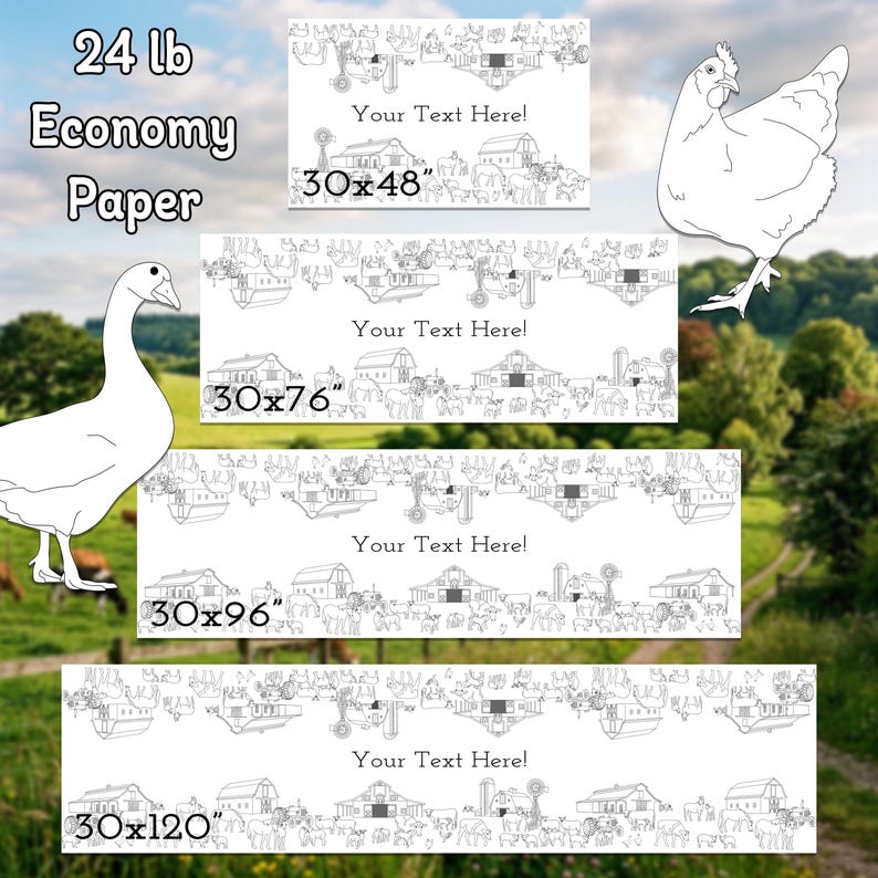 This image shows the 4 standard sizes for 24 lb economy paper coloring table runners. They are 30x48", 30x76", 30x96", and 30x120".