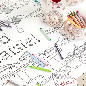 Tea Party Themed Birthday Decor Coloring Page Table Runner / - Etsy
