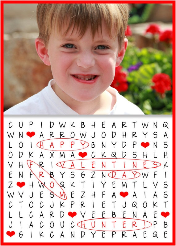 Personalized Photo Valentines Day Word Search Puzzle Card -- sheet of 8 2.5x3.5" wallet sized printable cards Il_570xn