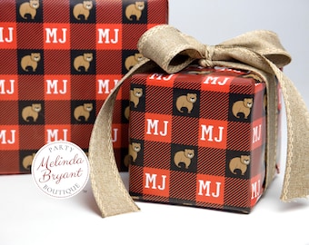 Personalized Buffalo Check Gift Wrap perfect for first birthday or Christmas featuring bears; red and black plaid custom wrapping paper