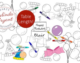 Bubbles and Bows Birthday Party Coloring Page Table Runner / Paper Tablecloth Themed Decorations Twins and Multiples Personalized Activity