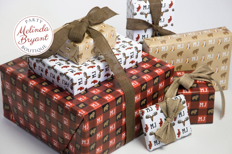 Monogrammed Woodland Gift Wrap perfect for first birthday or Christmas featuring foxes and bears / personalized custom wrapping paper image 7