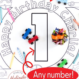 This detail of the center of the Cars and Trucks coloring table runner features a roundabout roadway. In the center is a large block style number for the child's age. Custom text encircles the number on the roadway.
