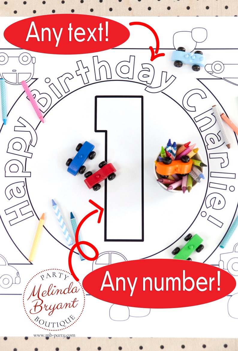 This detail of the center of the Cars and Trucks coloring table runner features a roundabout roadway. In the center is a large block style number for the child's age. Custom text encircles the number on the roadway.