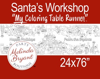 Santas Workshop Coloring Banner Holiday Gift and Fun Christmas Decor / Festive Paper Table Runner / Winter Wedding Kids Corner Craft