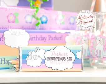 Personalized Unicorn Candy Bar Wrappers with Pastel Rainbows and Flowers for Childrens Birthday Party Favors and Dessert Table Decorations