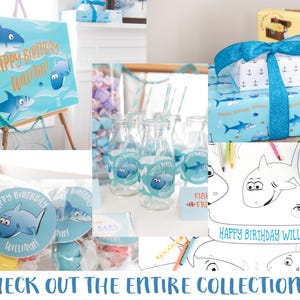 May include: A blue and white birthday party decoration set with a shark theme. The set includes a sign, gift wrap, favor bags, and a coloring page. The sign says "Happy Birthday William!" and the gift wrap has a blue and white pattern with sharks and anchors. The favor bags have a blue and white pattern with sharks and the text "Happy Birthday William!" The coloring page has a shark and the text "Happy Birthday William!"