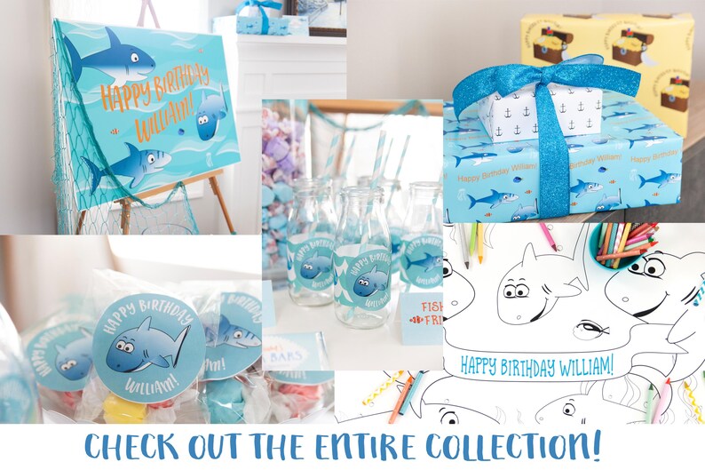 May include: A blue and white birthday party decoration set with a shark theme. The set includes a sign, gift wrap, favor bags, and a coloring page. The sign says "Happy Birthday William!" and the gift wrap has a blue and white pattern with sharks and anchors. The favor bags have a blue and white pattern with sharks and the text "Happy Birthday William!" The coloring page has a shark and the text "Happy Birthday William!"