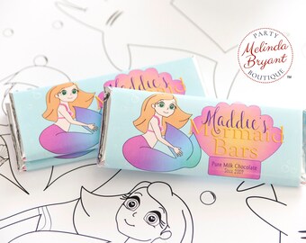 Personalized Mermaid Candy Bar Wrappers with Multi-racial Customization for Childrens Birthday Party Favors and Dessert Table Decorations