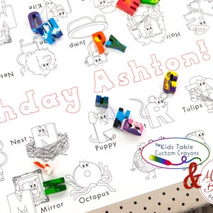 ABC Themed Personalized Alphabet Coloring Table Runner Birthday Party Decoration or Back to School Game for Kids Table Activity image 1