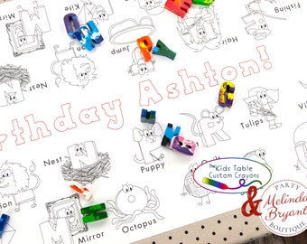 ABC Themed Personalized Alphabet Coloring Table Runner Birthday Party Decoration or Back to School Game for Kids Table Activity