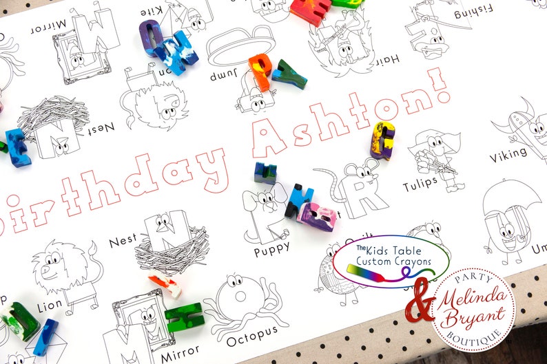 ABC Themed Personalized Alphabet Coloring Table Runner Birthday Party Decoration or Back to School Game for Kids Table Activity image 1
