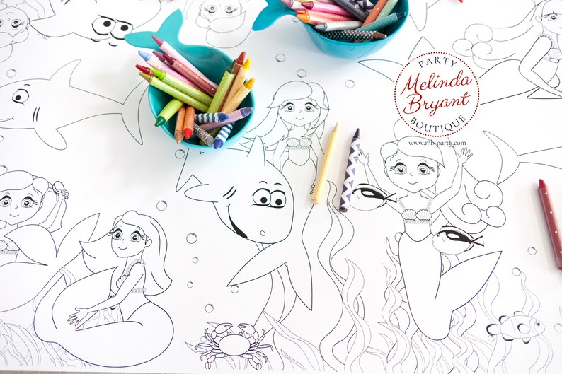 Mermaid Birthday Decor Coloring Page Table Runner Eco-friendly Disposable Tablecloth Recyclable Kids Craft Children's Party Games Activities image 4