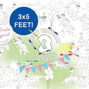 Póster para colorear de fiesta de dinosaurios/banderín de papel, mantel de actividades personalizado, decoración para el primer cumpleaños con temática jurásica, manualidades para días lluviosos