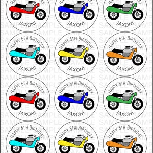 Pegatinas de 2,5 pulgadas para fiestas de motos, kits de regalo, accesorios de cumpleaños, adornos para cupcakes, etiquetas, temática de transporte, decoración para bolsas de regalo para niños y niñas