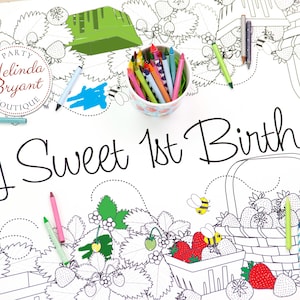 Decoração de aniversário com tema de morangos, desenho para colorir, caminho de mesa, presente personalizado para crianças, jogos para festas infantis, atividades para casamentos.