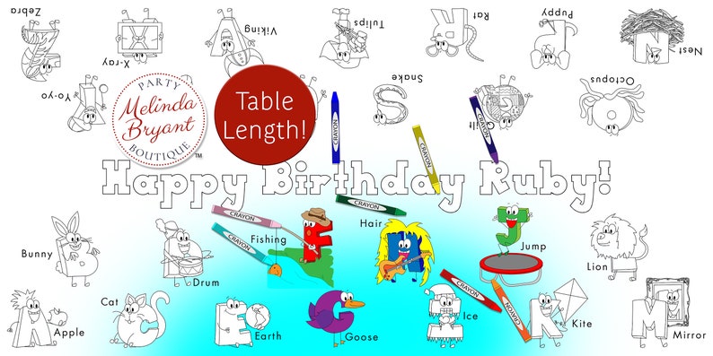 ABC Themed Personalized Alphabet Coloring Table Runner Birthday Party Decoration or Back to School Game for Kids Table Activity image 4