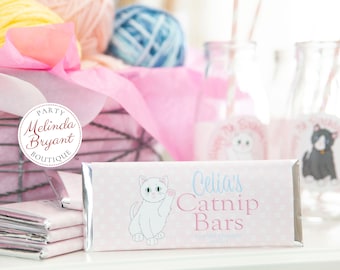 Personalized Kitty Cat Candy Bar Wrappers Printed on Glossy Paper Custom Text Fun for Kitten Themed Birthday Party Favors