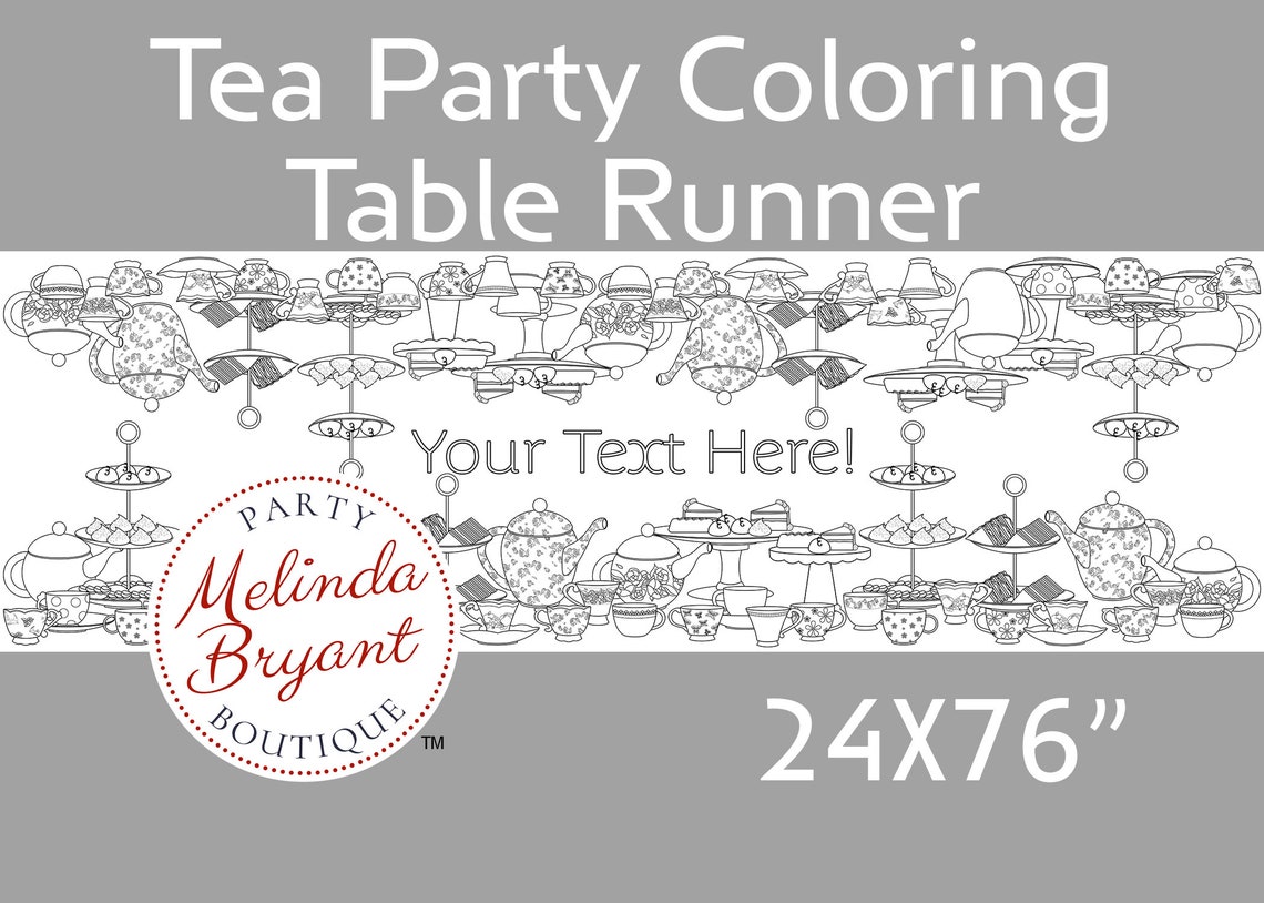 Tea Party Themed Birthday Decor Coloring Page Table Runner / | Etsy