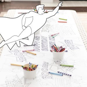 Camino de mesa para colorear de superhéroes personalizado: actividad para fiesta de cumpleaños de cómics