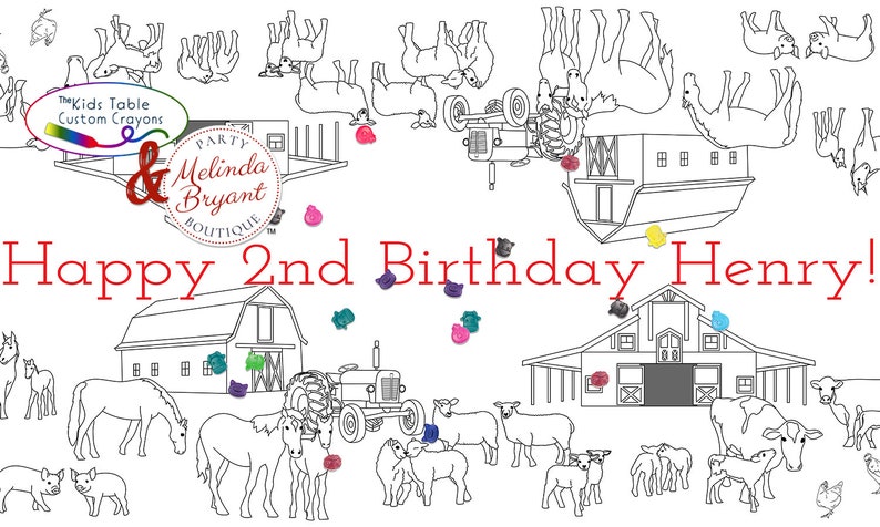 My personalized farm themed coloring tablecloth features horses, cows, pigs, sheep, chickens, ducks, and various barns and tractors. It's staged here with mini tin milk buckets filled with crayons and adorned with red and white gingham ribbons.