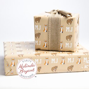 Monogrammed Woodland Gift Wrap perfect for first birthday or Christmas featuring foxes and bears / personalized custom wrapping paper image 3