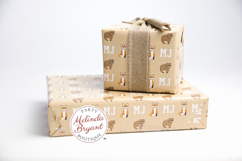 Monogrammed Woodland Gift Wrap perfect for first birthday or Christmas featuring foxes and bears / personalized custom wrapping paper image 3