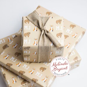 Monogrammed Woodland Gift Wrap perfect for first birthday or Christmas featuring foxes and bears / personalized custom wrapping paper image 1