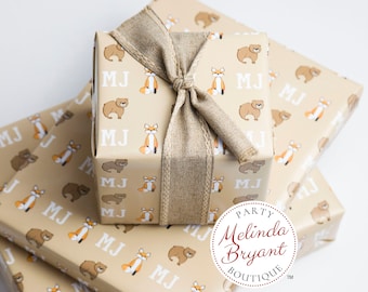 Monogrammed Woodland Gift Wrap perfect for first birthday or Christmas featuring foxes and bears / personalized custom wrapping paper