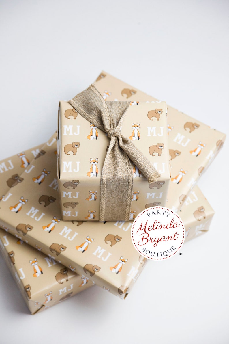 Monogrammed Woodland Gift Wrap perfect for first birthday or Christmas featuring foxes and bears / personalized custom wrapping paper image 1